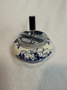 Delft Blue Porcelain Spinning Plunger Ashtray Vintage Holland Windmill 4.5"